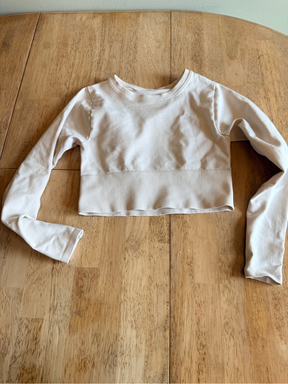 Cropped Long-Sleeve Crew Top in Light Cream